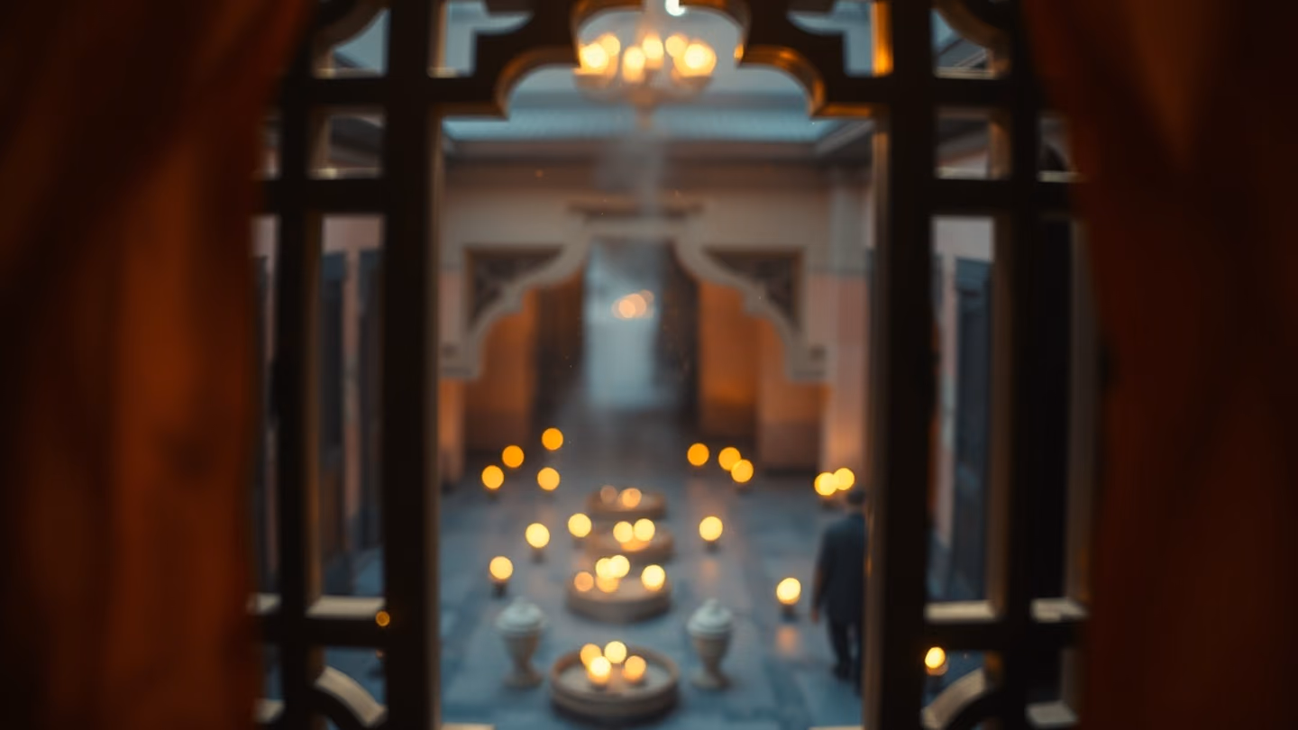 Through a traditional wooden latticework window, a blurry view of a courtyard filled with flickering oil lamps in the blue hour, framing the shot with geometric shadows.