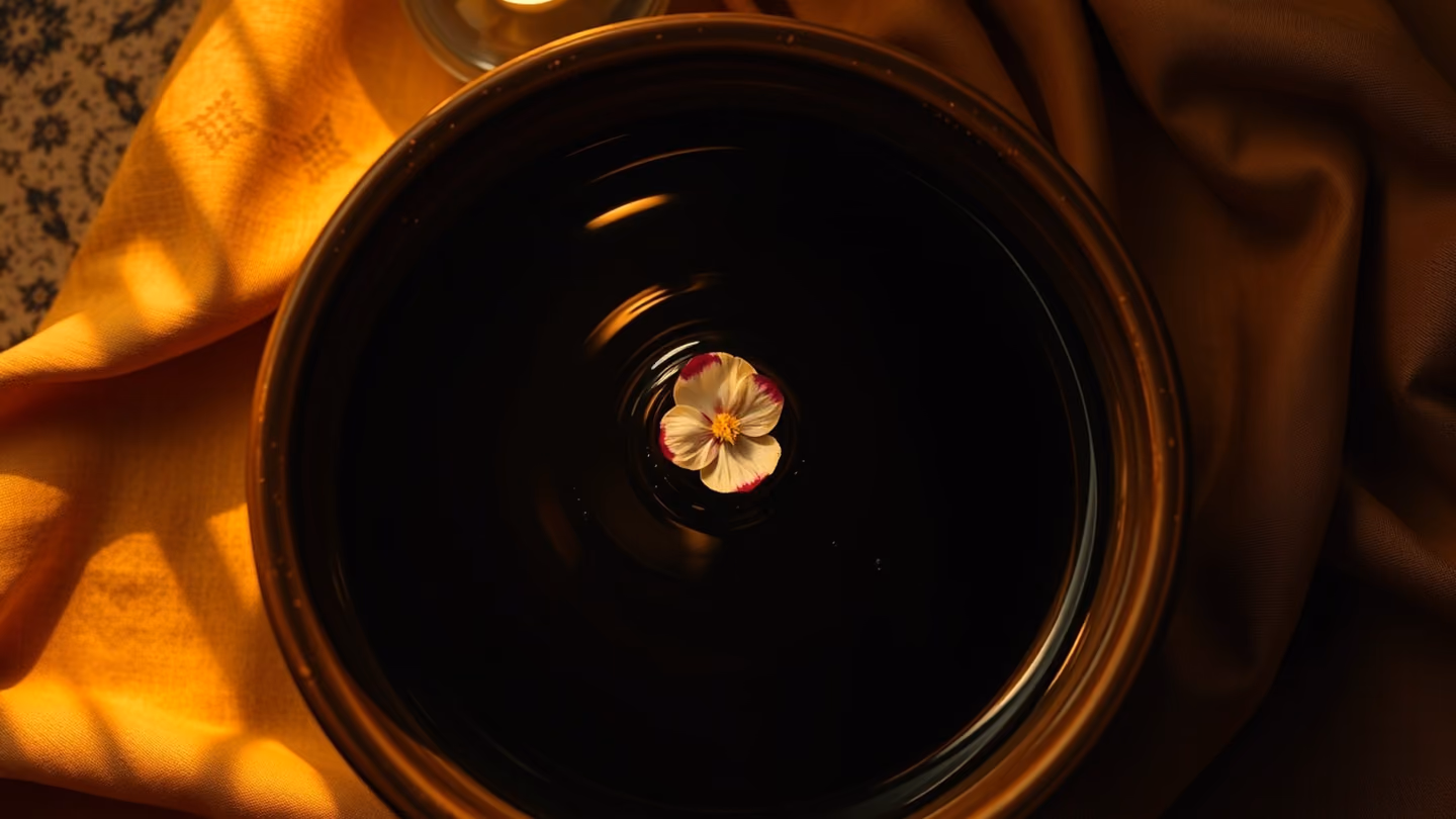 Overhead top-down shot of a ceramic bowl filled with dark water, ripples moving outward as a single flower petal drops into the center, reflecting the soft candlelight above.