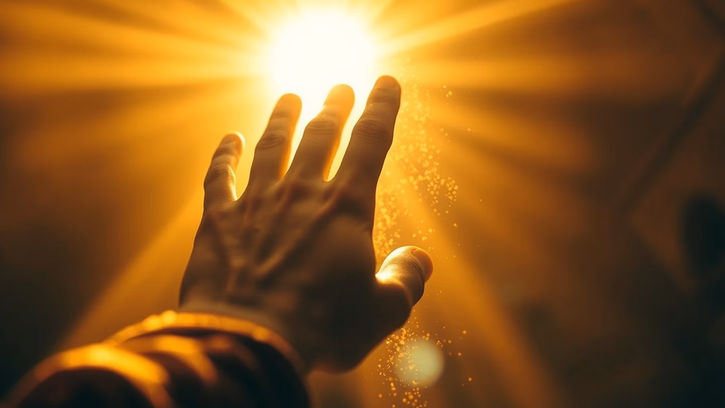 Extreme close-up of a hand reaching into a beam of intense golden light, with fine gold dust suspended in the air around the fingers, sharp detail on skin texture.