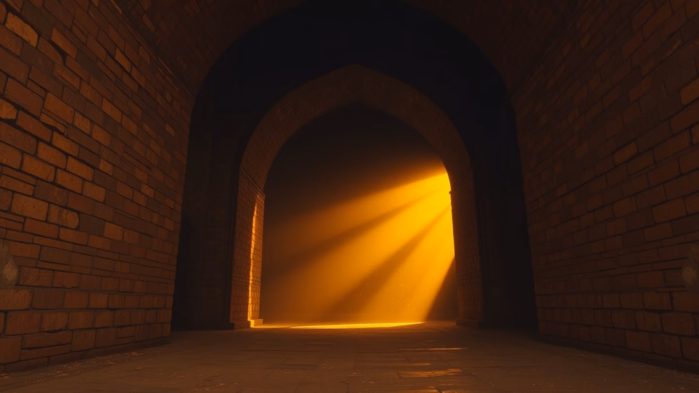 Wide shot of a massive, ancient brick archway opening into an endless dark void, with a subtle golden glow emanating from deep within the structure.