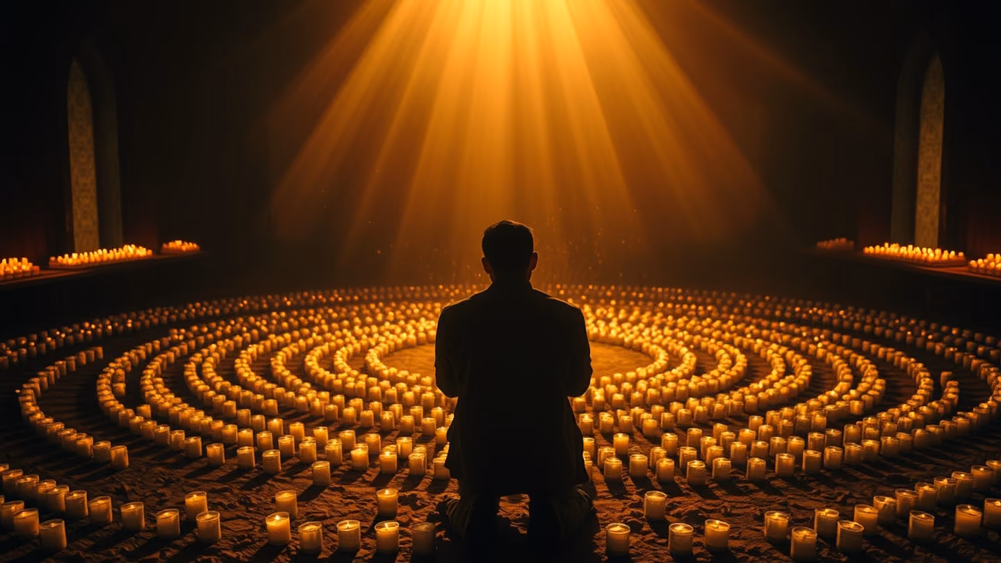Backlit silhouette of a person kneeling in prayer, set against a vast circular pattern of hundreds of unlit candles on an earthen floor, moody and intimate.