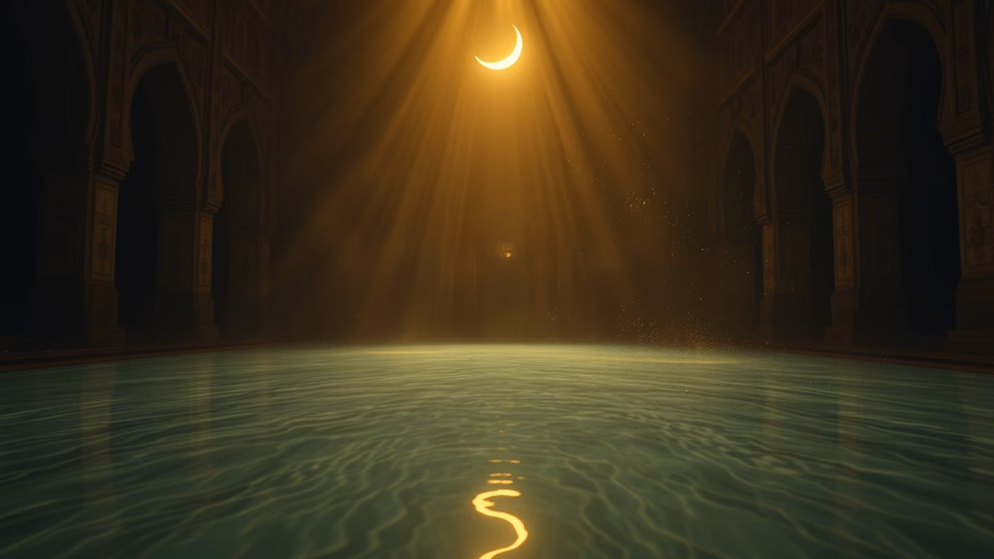 Final wide shot of a calm, reflective pool of water at night, mirroring the soft glow of a crescent moon above, peaceful and still.