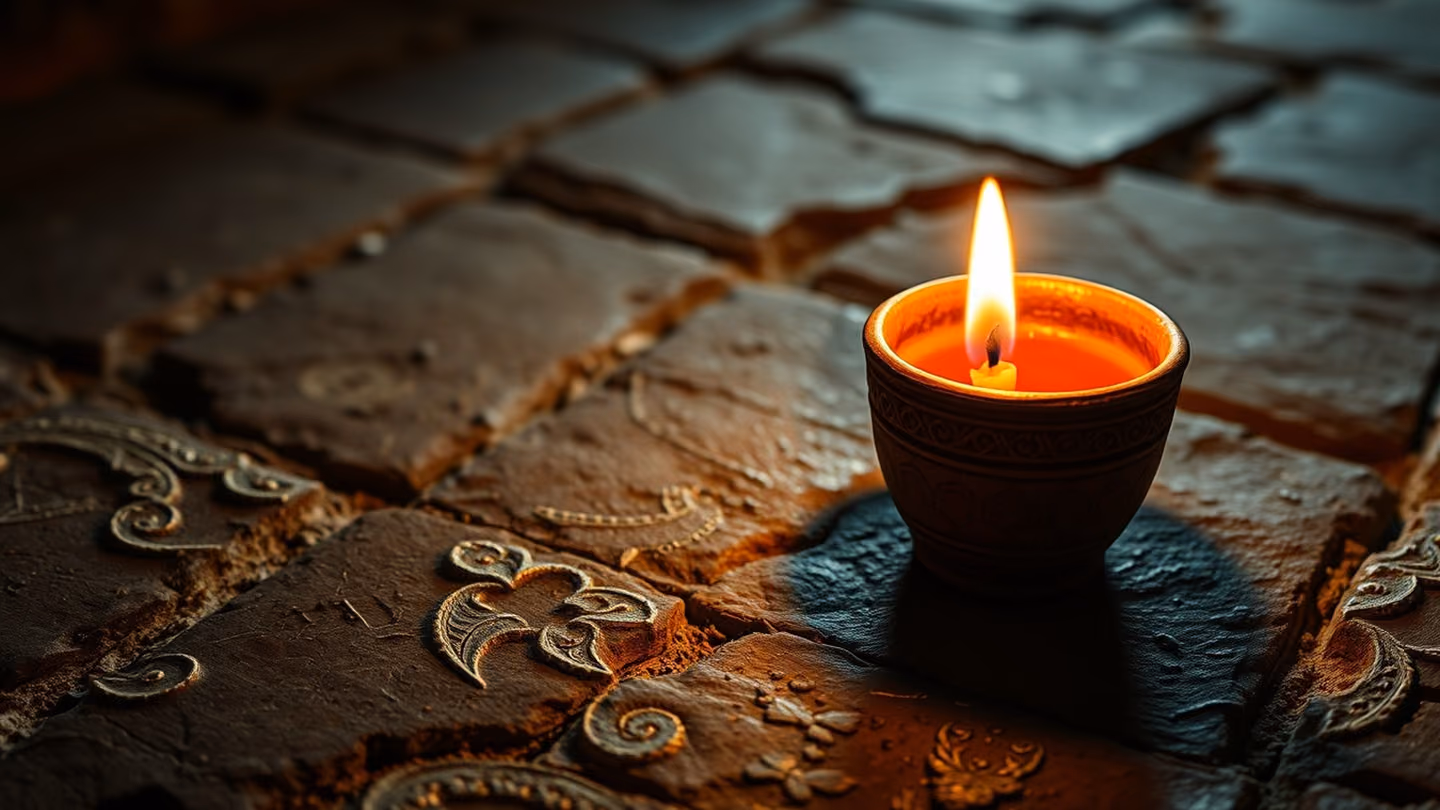 Extreme close-up of a single ancient clay cup resting on a worn stone floor, illuminated by a flickering, warm candle flame, emphasizing the texture of the terracotta.