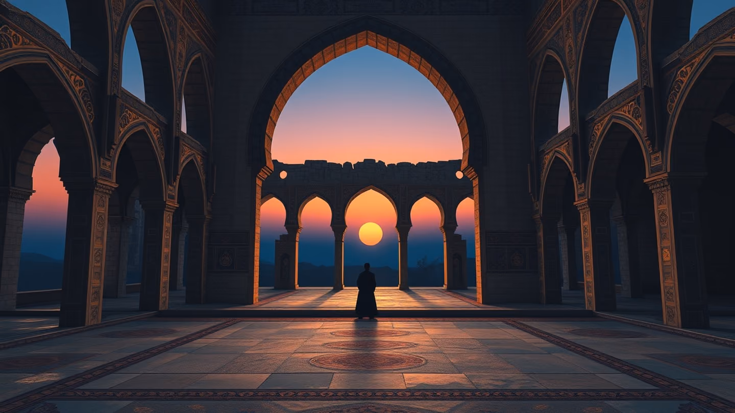 Vast wide shot of a ruined arched courtyard at dawn, where a solitary silhouette of a seeker stands motionless against the fading indigo horizon.