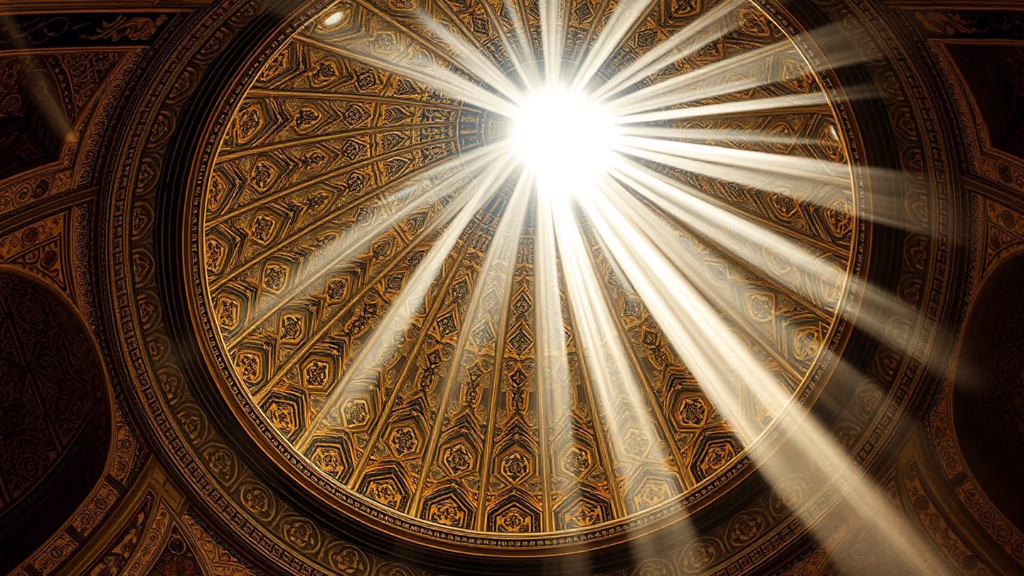 Low-angle shot looking up through a high, ornate dome decorated with intricate mosaic tiles, where brilliant beams of sunlight pierce through the dust motes.