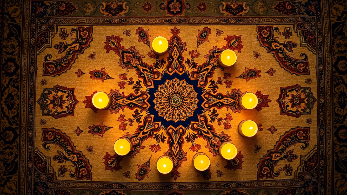 Overhead top-down view of a circle of burning beeswax candles placed on a Persian silk rug, casting long, rhythmic shadows across the intricate patterns.