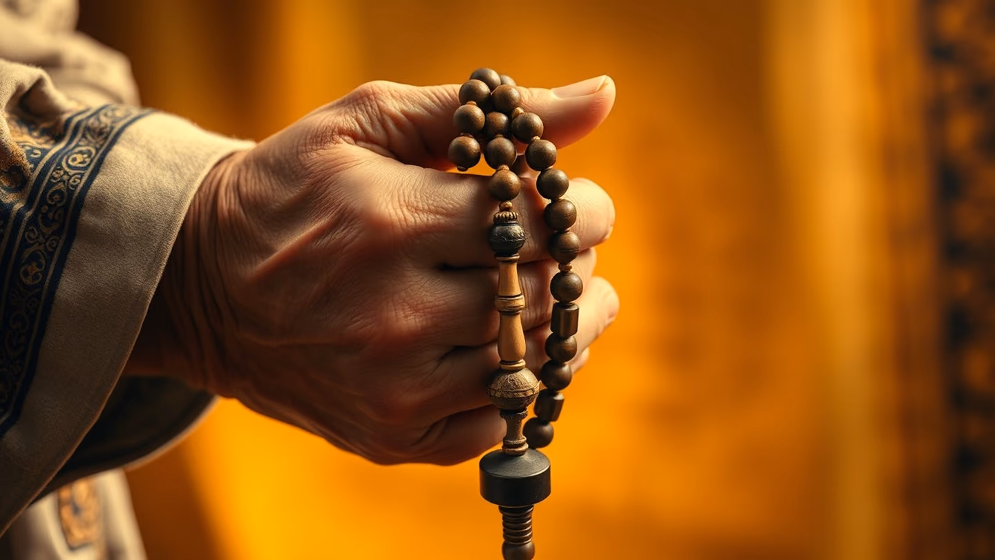 Extreme close-up of aged, calloused hands loosely holding a wooden rosary of prayer beads against a backdrop of soft, blurred golden light.