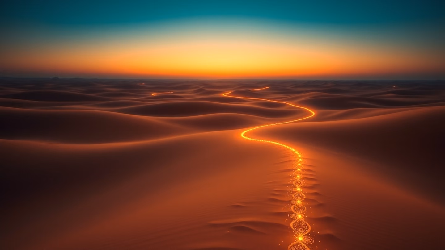 Vast wide shot of a desert landscape at dusk, where a faint, ethereal trail of light snakes toward the horizon, suggesting the path of the soul returning home.