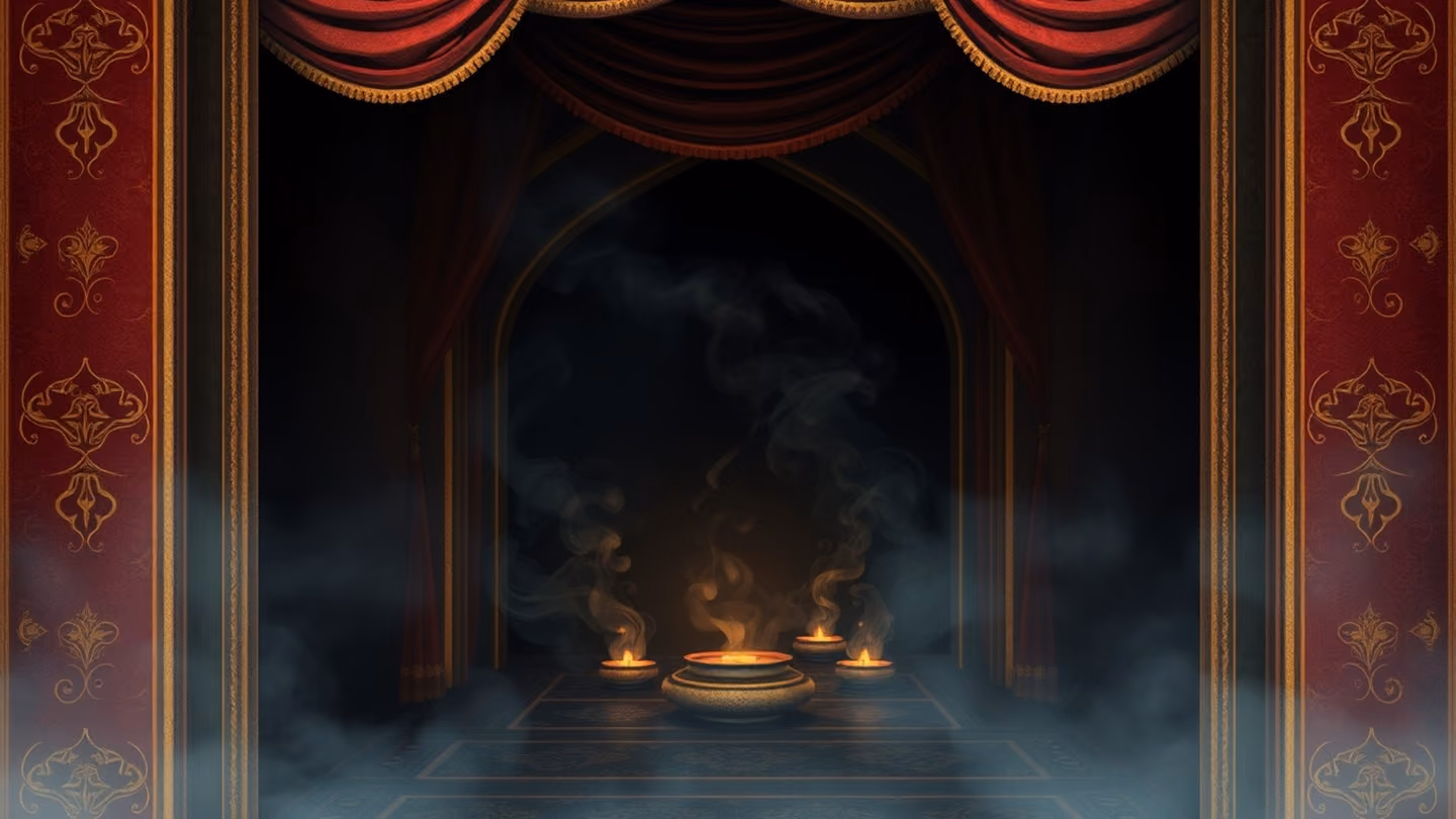 Framed shot through a heavy, velvet-draped doorway looking out into a sanctum filled with swirling incense smoke and subtle, golden embers hovering in the dark air.