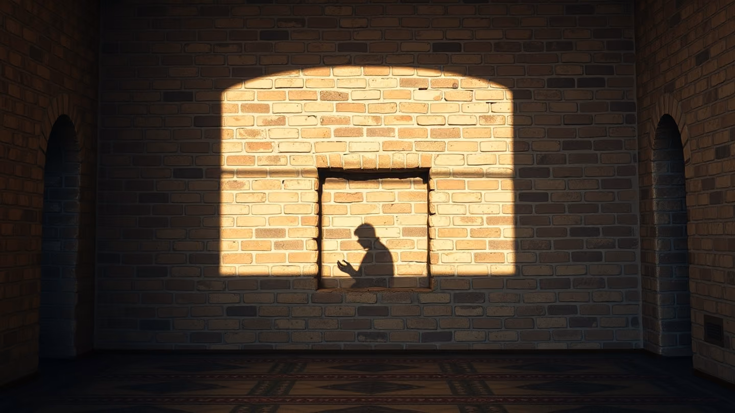 Portrait of a shadow cast upon an ancient, weathered brick wall, depicting a figure in a state of prayer, isolated in a vast, empty, meditative chamber.