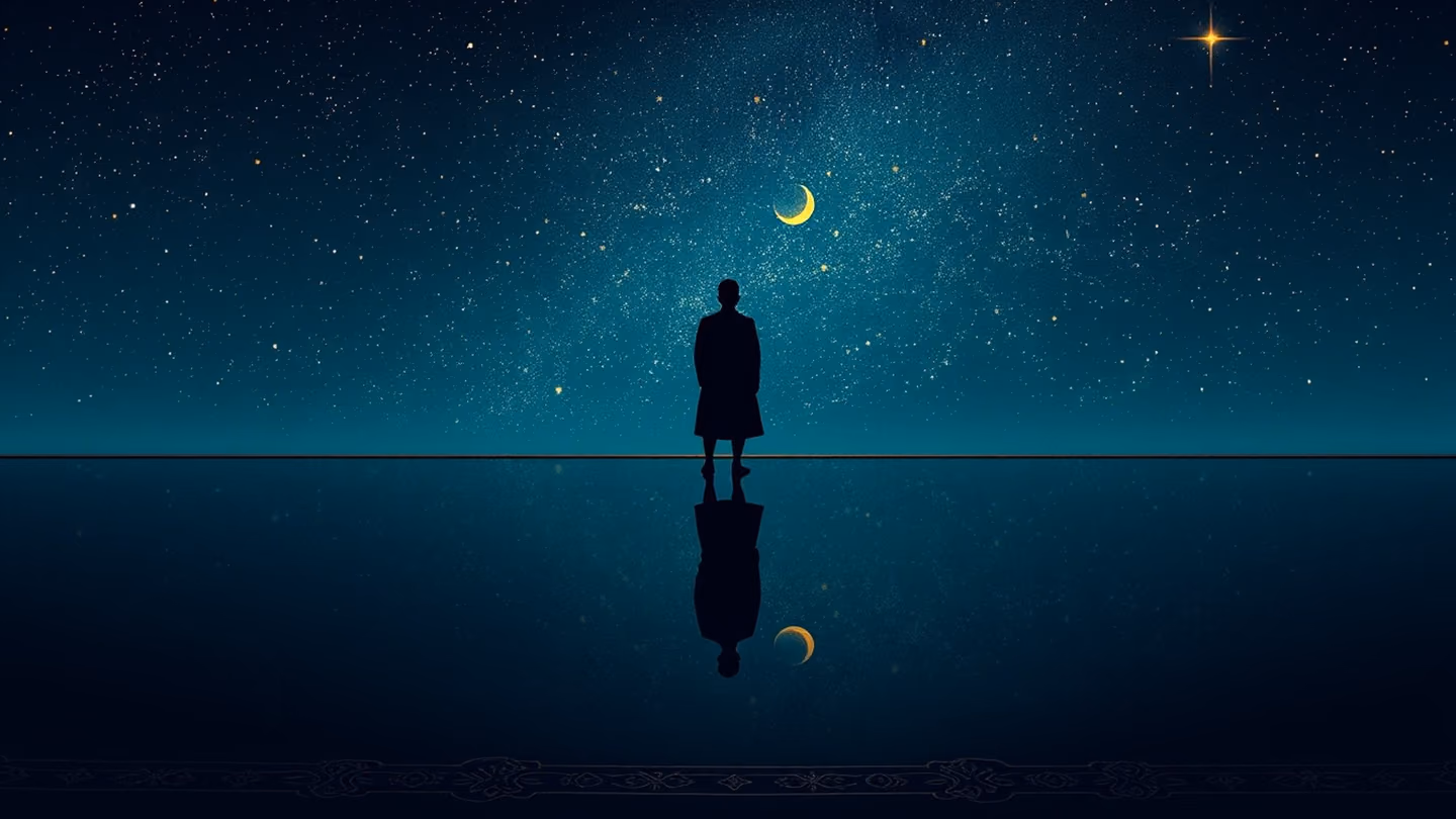 Vast wide shot of a silhouette standing at the edge of a serene, dark reflecting pool at night, the surface of the water perfectly mirroring the brilliant star-filled sky above.
