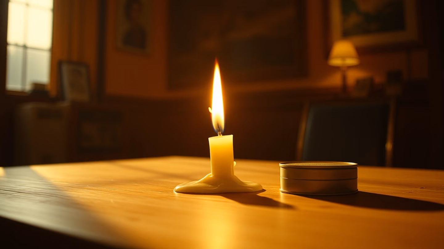 Extreme close-up of a melting candle resting on a wooden table, warm flickering light casting long shadows in a dimly lit vintage cozy room.