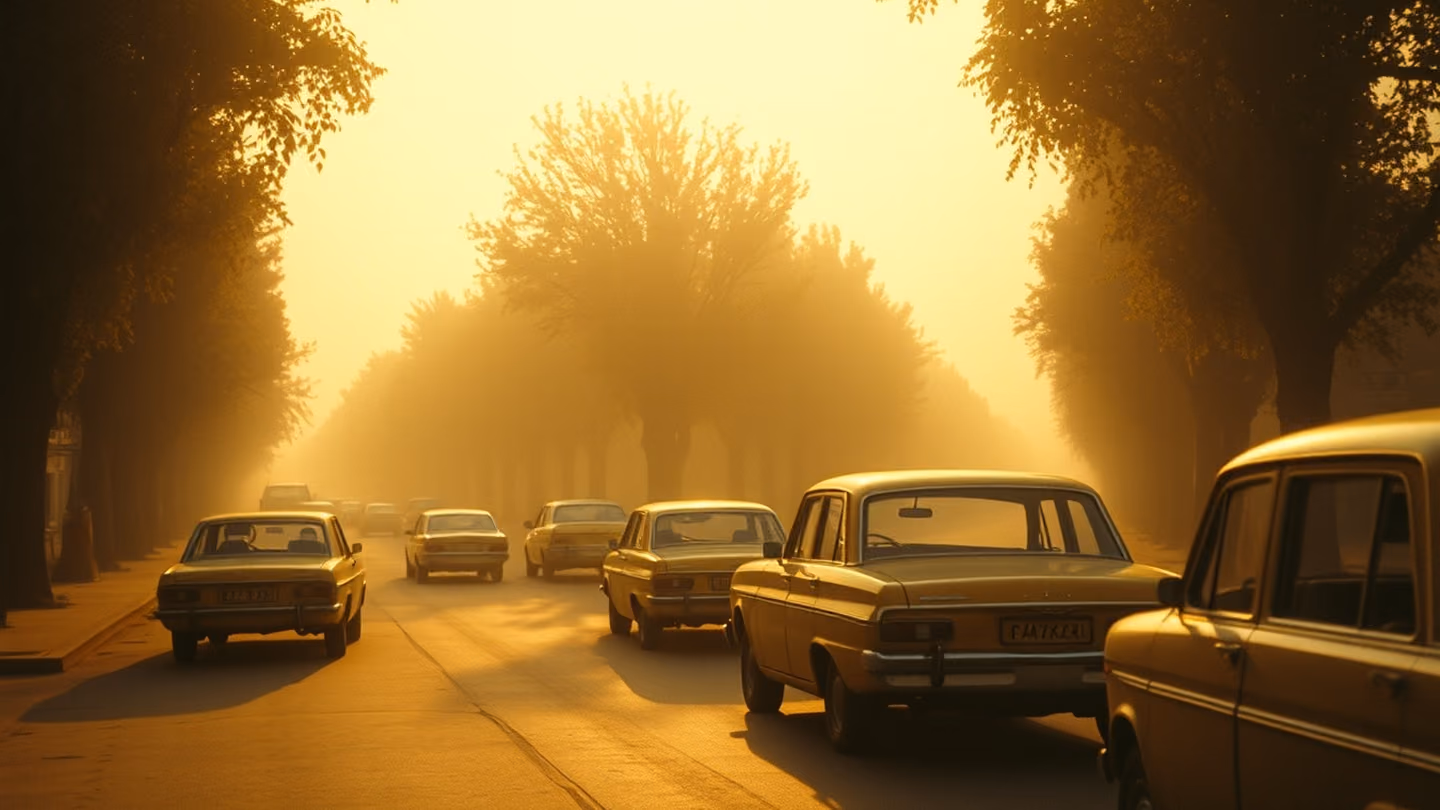 Vast wide shot of a dusty, tree-lined street in 1970s Tehran at golden hour, filled with vintage Paykan cars and soft lens flares.