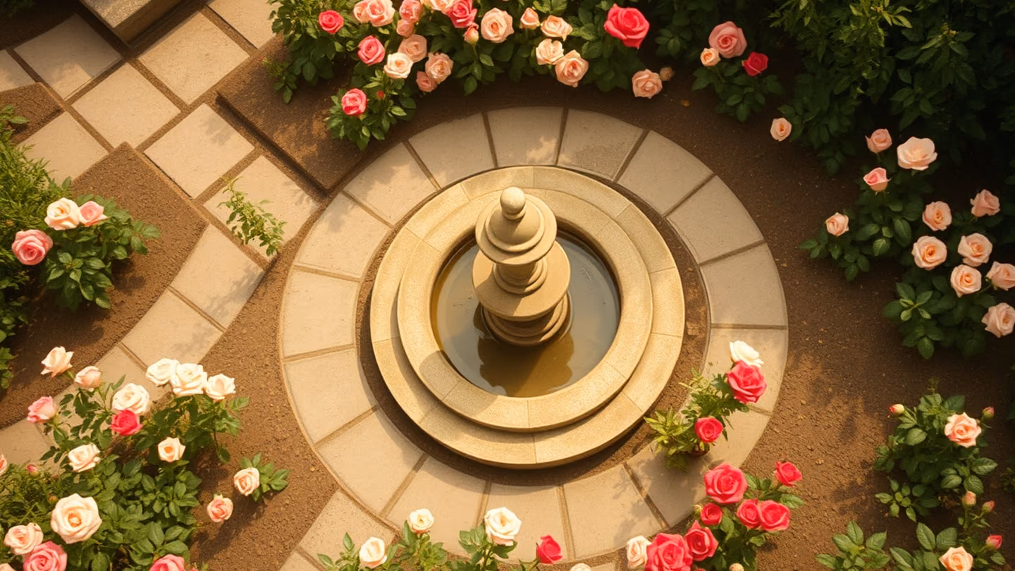 Overhead shot of a manicured rose garden with a circular stone fountain, captured with heavy film grain and soft focus.