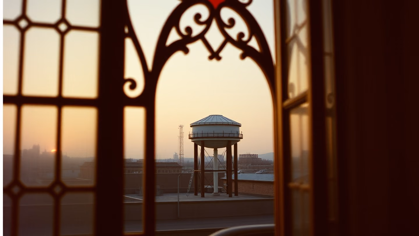 Frame-within-a-frame view looking through an ornate stained glass window at a lonely rooftop water tank against a pale twilight sky.