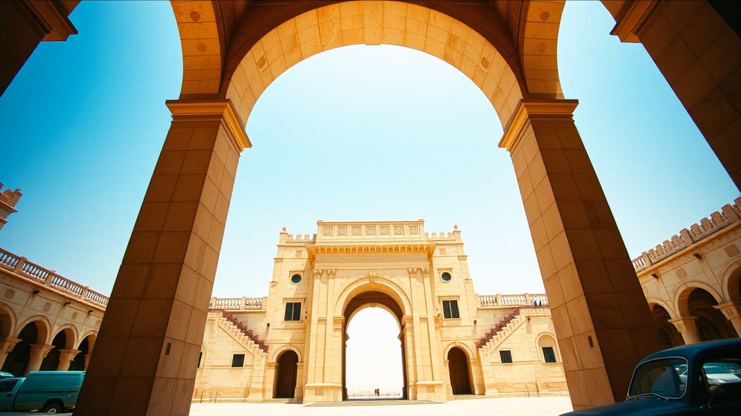Low-angle shot looking up at a grand, weathered stone archway in a historical square, framing the vast expanse of a clear, hazy blue desert sky.