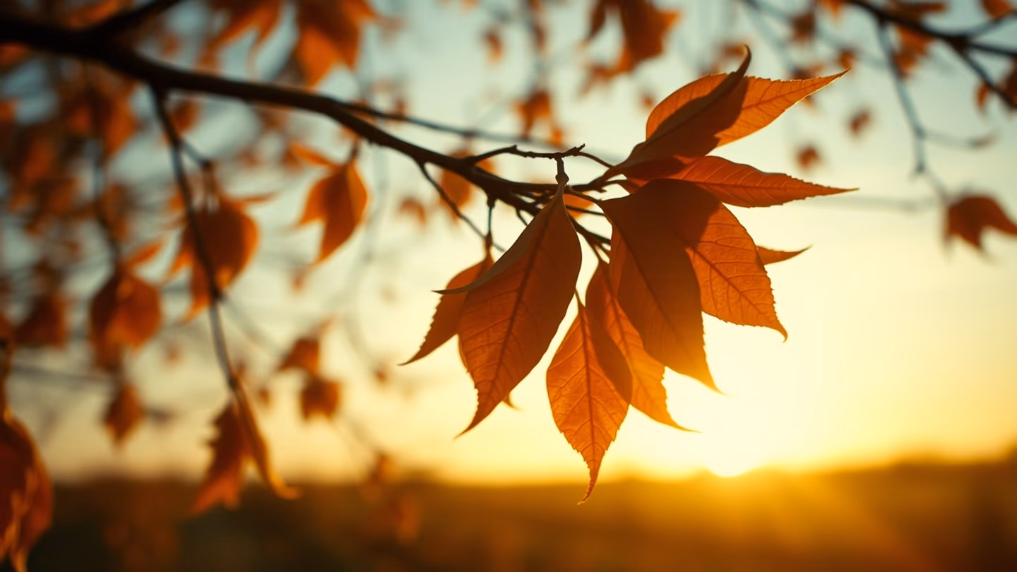 Extreme close-up of trembling dry leaves on a tree branch, wind blowing them softly against a blurred background of a sunset-lit orchard.