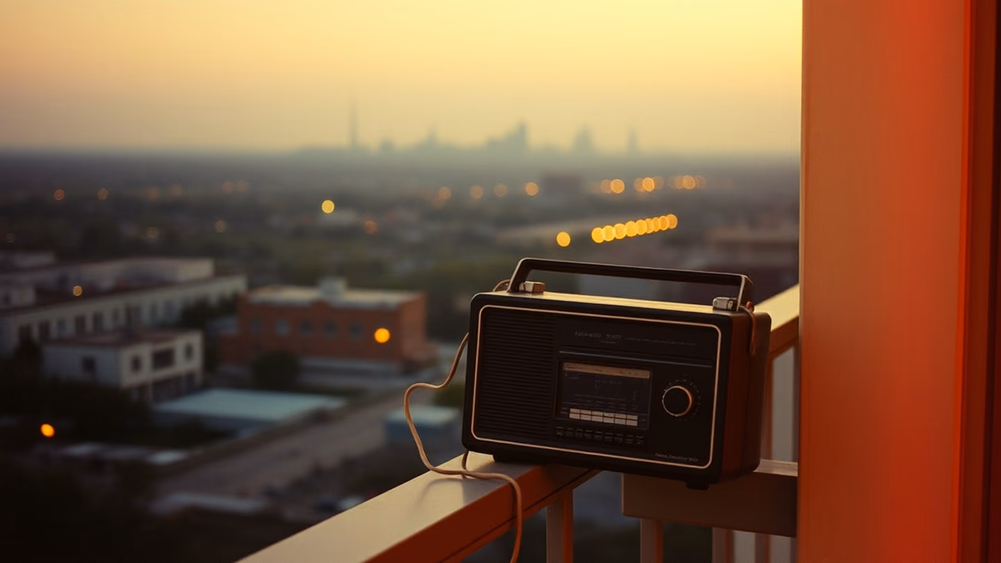 Mid-range shot of a lone vintage radio sitting on a balcony railing, wires trailing off, with the silhouette of a city landscape in the distance at dusk.