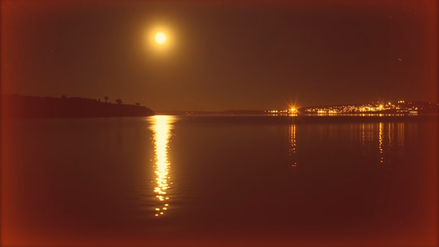 Reflective surface of a calm reservoir at night, the moonlight rippling across the dark water with deep amber highlights from distant city lights.