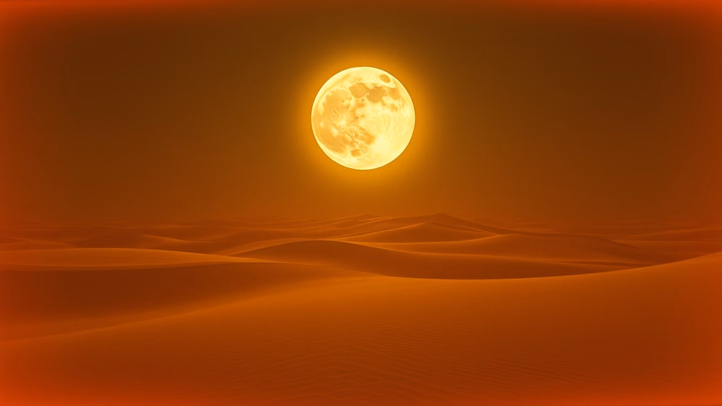 Wide shot of a desolate, golden sand dune landscape under a massive full moon, casting long, melancholic shadows across the horizon.