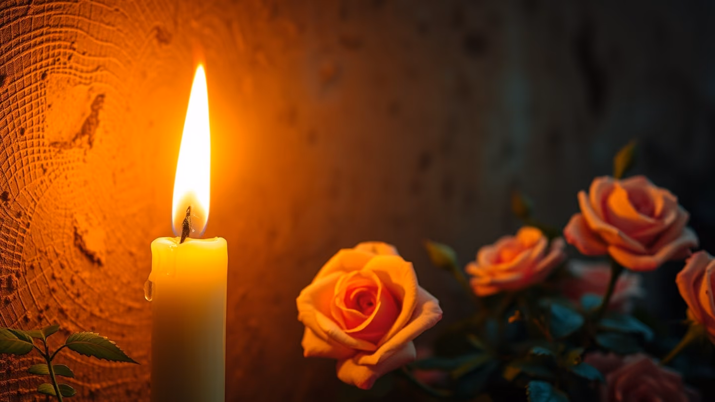 Extreme close-up of a single flickering candle flame casting a warm glow against a dark, textured clay wall.