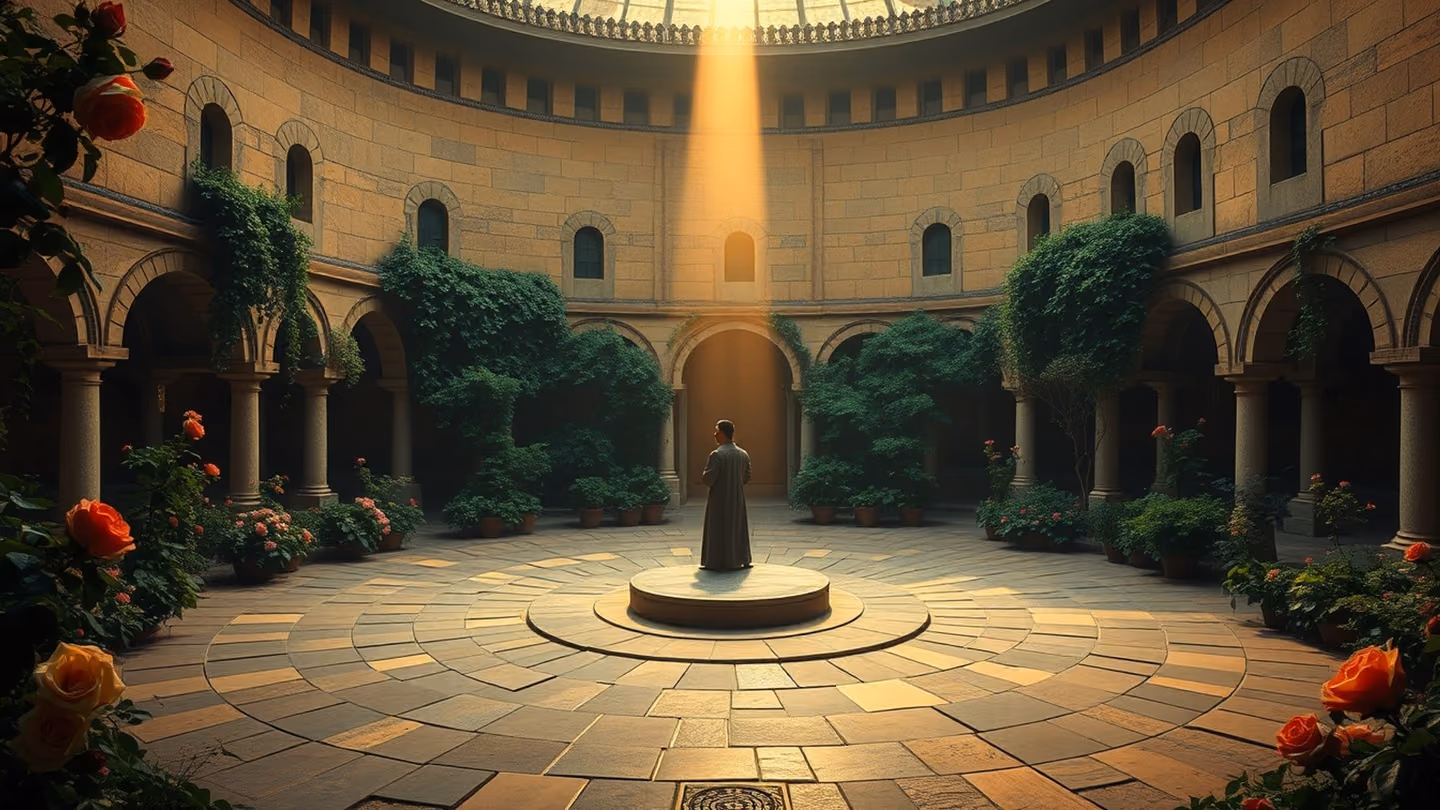 Vast wide shot of a circular stone courtyard where a solitary silhouette of a dervish stands in the center under a single beam of light.