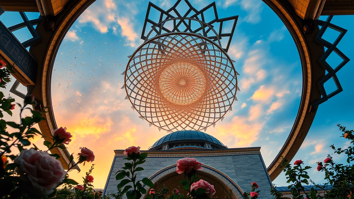 Low-angle shot looking up through the intricate geometric patterns of a high mosque dome at a twilight sky filled with floating gold dust.