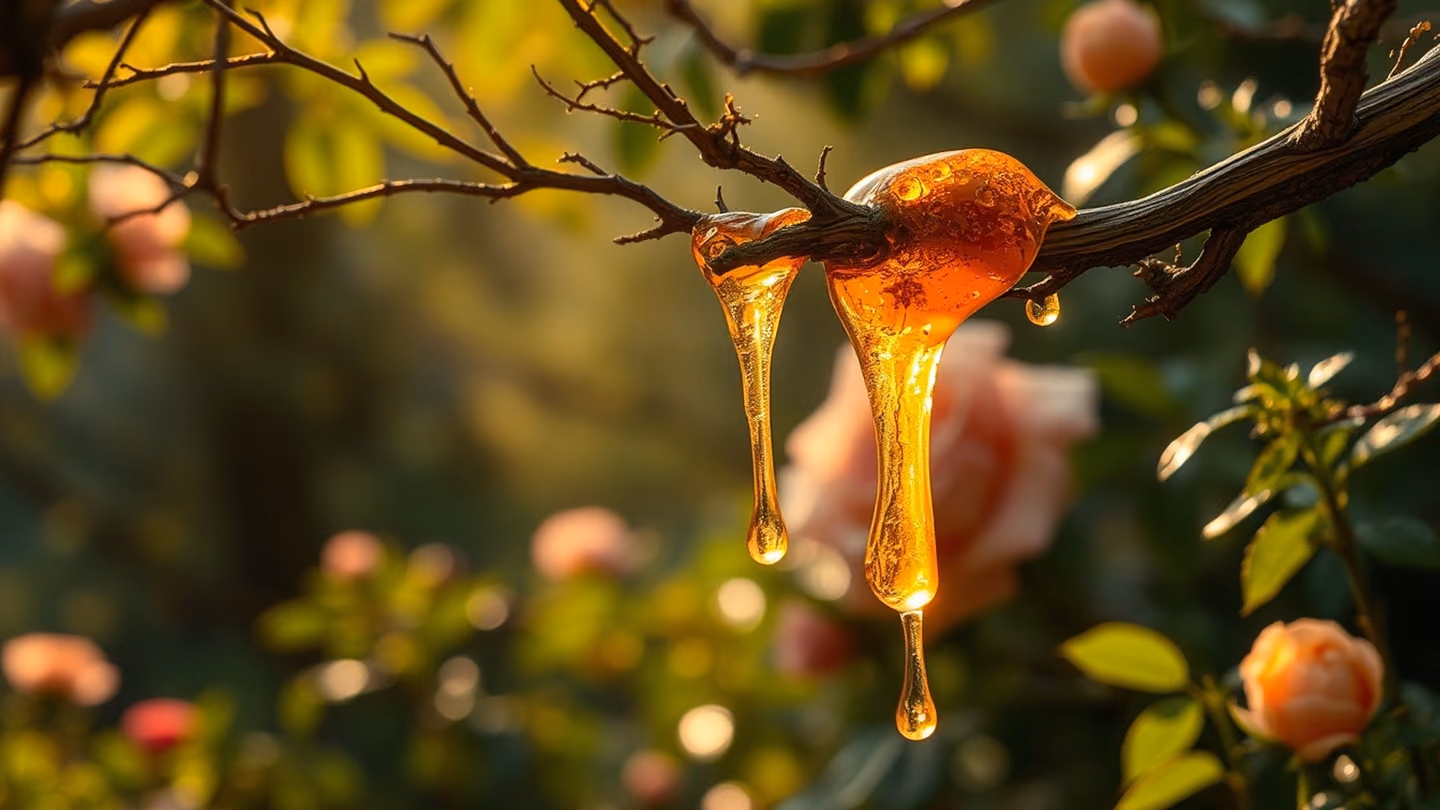 Macro shot of golden amber resin dripping down a dry, ancient tree branch, catching the light like liquid honey.