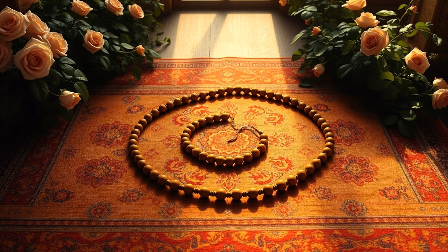 Overhead top-down shot of a circle of clay prayer beads arranged perfectly on a hand-woven Persian rug inside a dimly lit sanctuary.