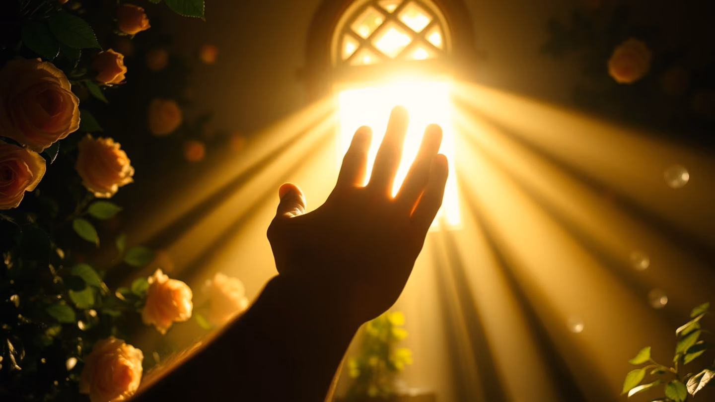 Silhouette of an outstretched hand reaching towards an intense, blinding shaft of divine light penetrating through a small window lattice.