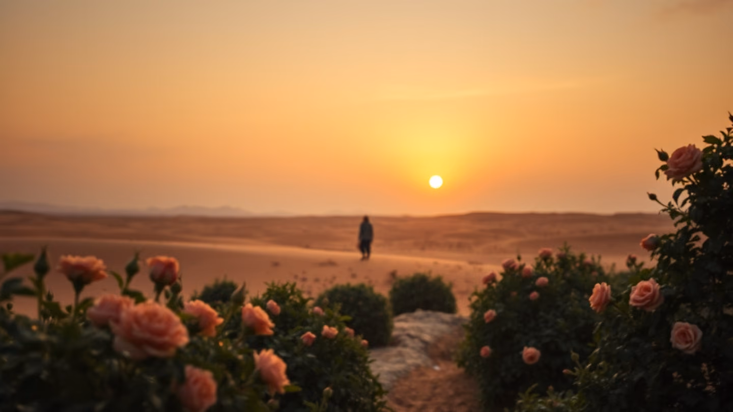 Wide shot of a desolate desert horizon at dusk, with a lone, blurred figure walking toward the fading light of the setting sun.