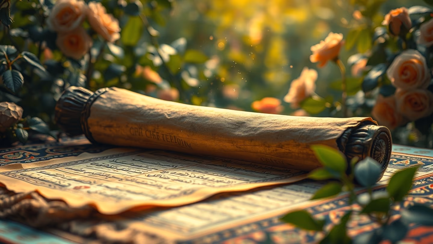 Extreme close-up of a weathered, ancient wooden scroll resting on a prayer mat, with dust motes dancing in the air above it.
