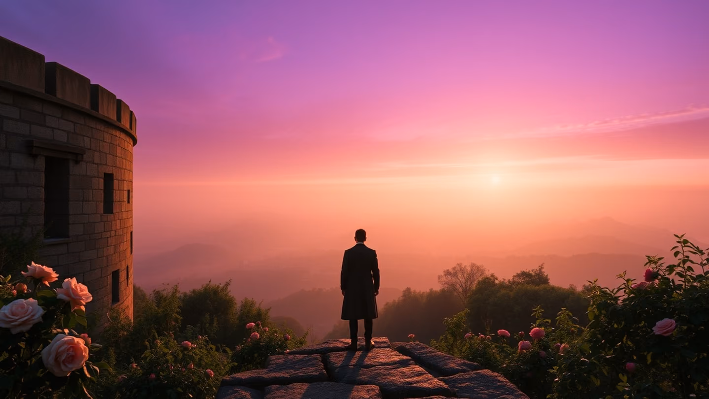 Vast, cinematic wide shot of a silhouette standing on an ancient battlement, facing a vast, ethereal void as the sky transitions from deep purple to soft morning gold.
