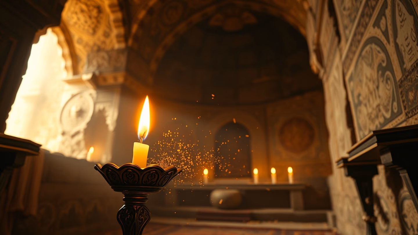Extreme close-up of a single flickering candle flame inside an ancient stone sanctuary with drifting gold dust and warm amber light.