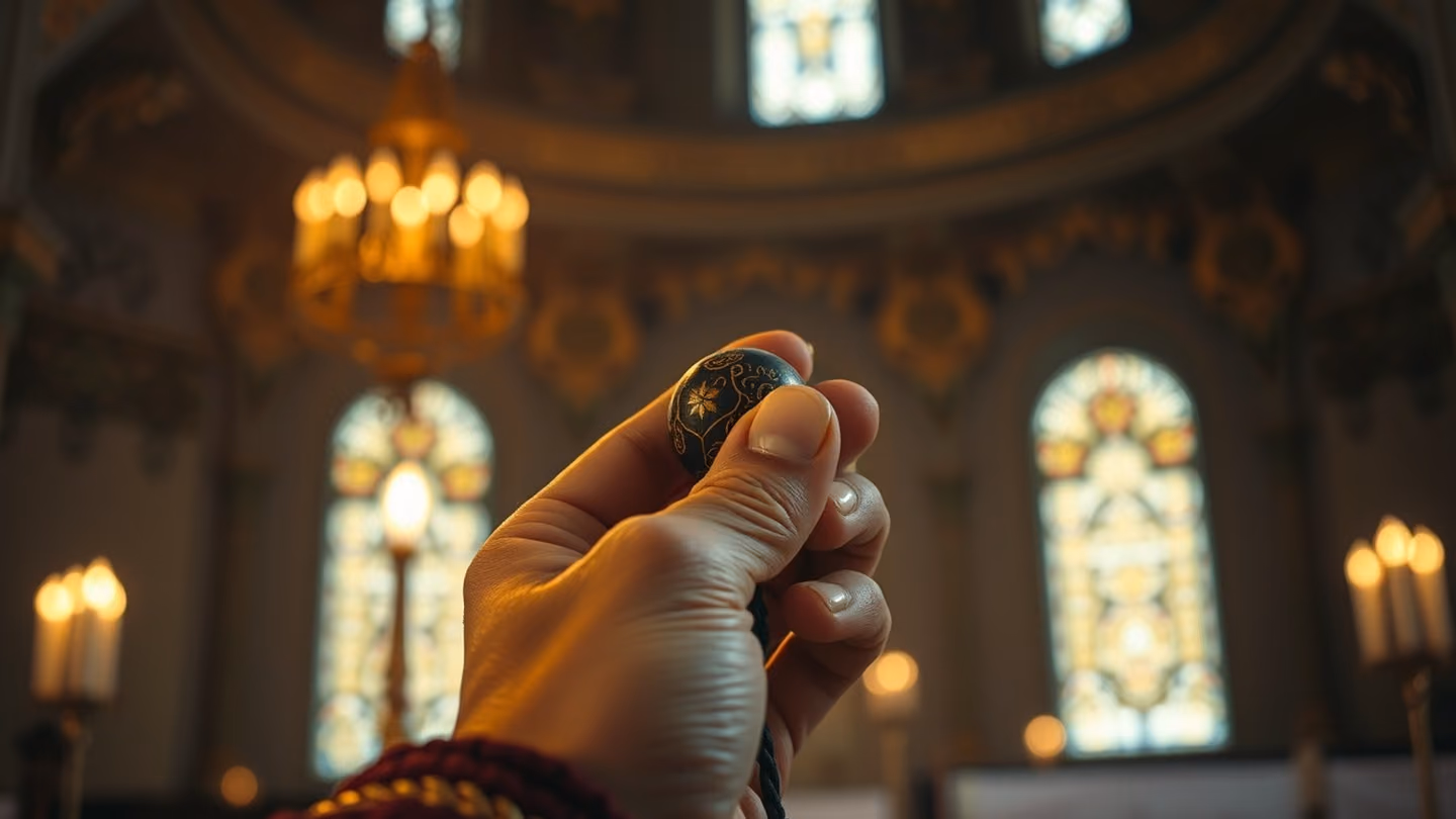 Extreme close-up of a weathered hand holding a wooden prayer bead, illuminated by the same flickering candlelight in the sanctuary.