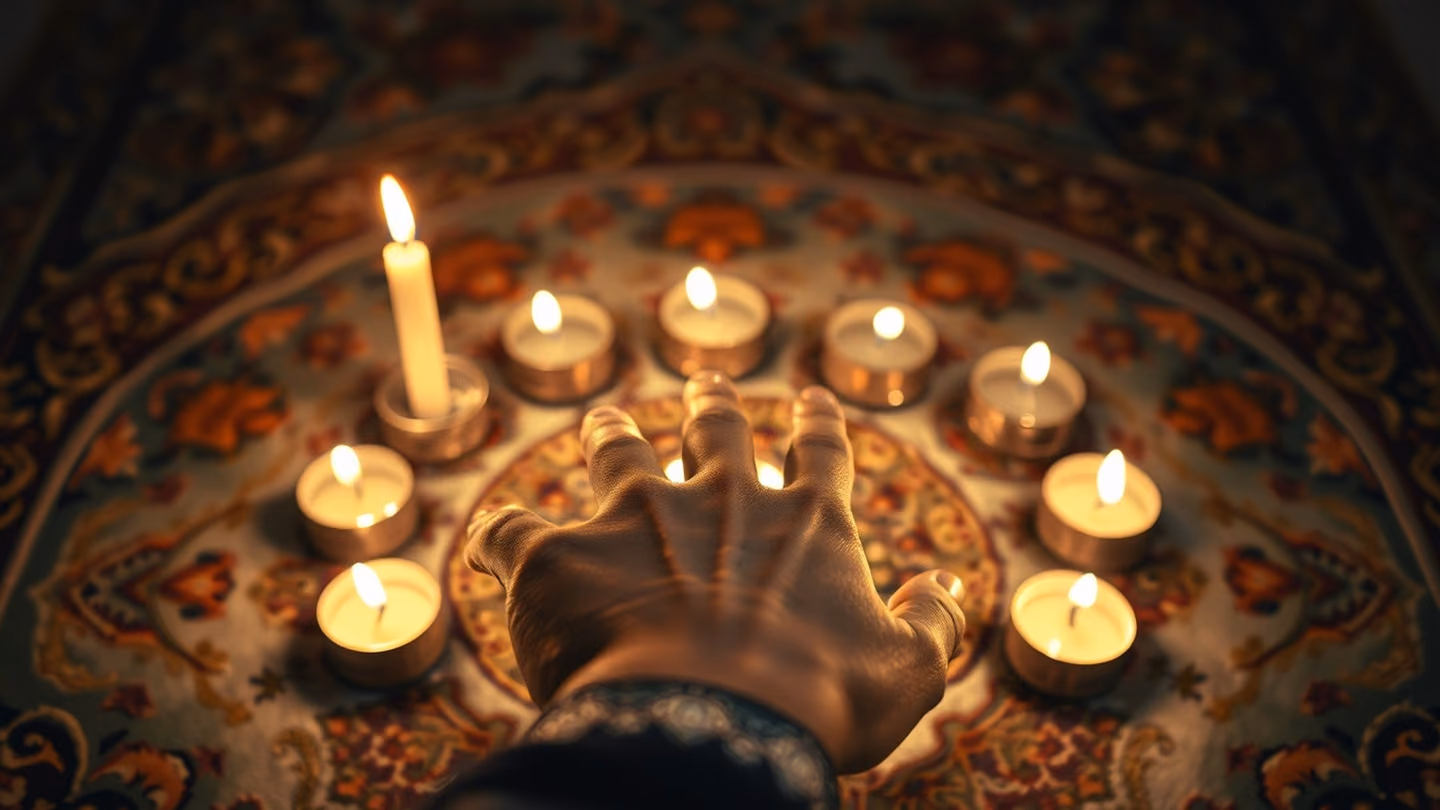 Close-up of a hand resting on a patterned silk rug, softly illuminated by the glow of several candles arranged in a circular formation.