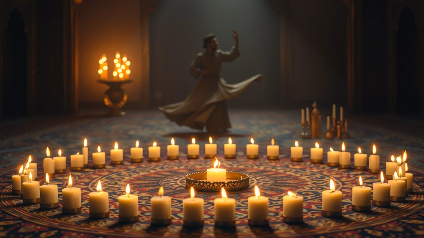 Medium shot of a circular arrangement of candles on the rug, with the hazy silhouette of a dervish beginning to whirl in the background.