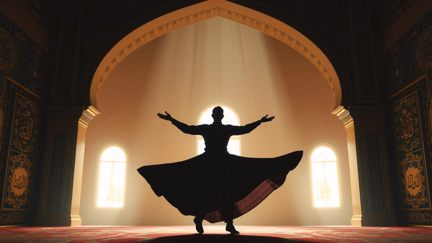 Medium shot of a whirling dervish silhouette, arms outstretched, centered in the frame against the soft glow of the sanctuary walls.