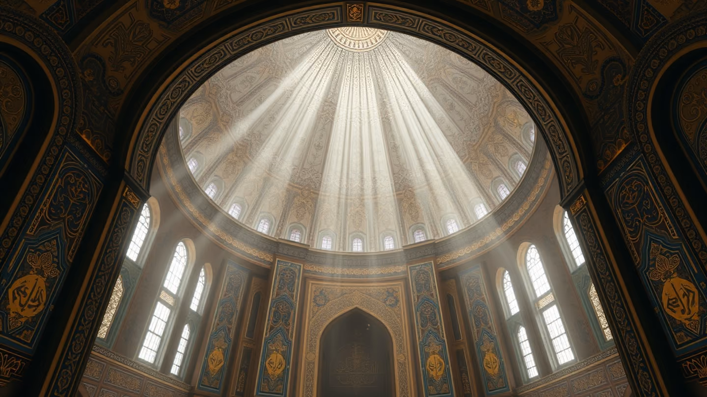 Wide shot looking up toward a high arched dome, where divine light beams illuminate swirling dust motes in the center of the hall.