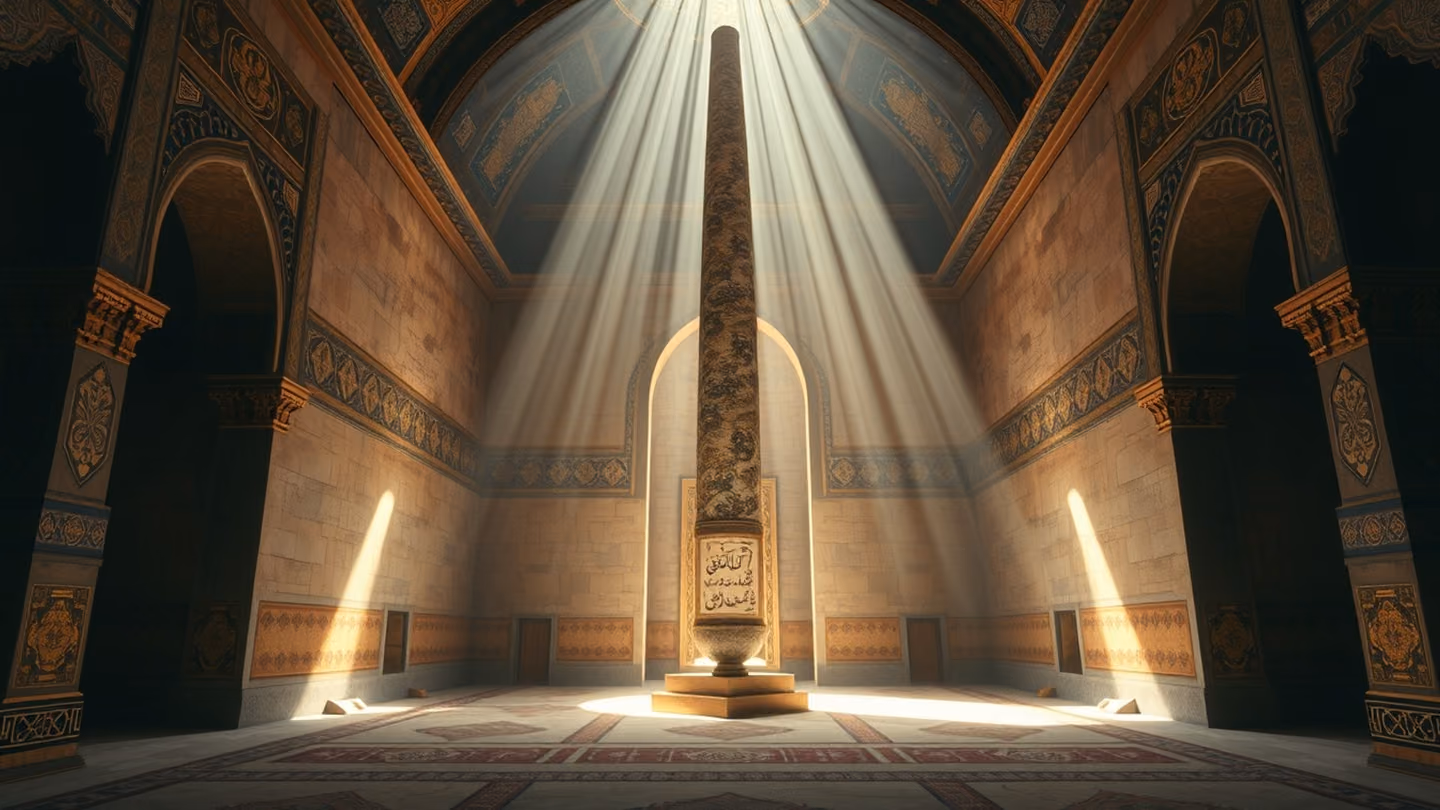 Vast wide shot of an ancient sanctuary interior, with light beams hitting a central stone pillar, framing the scene through a distant arched doorway.