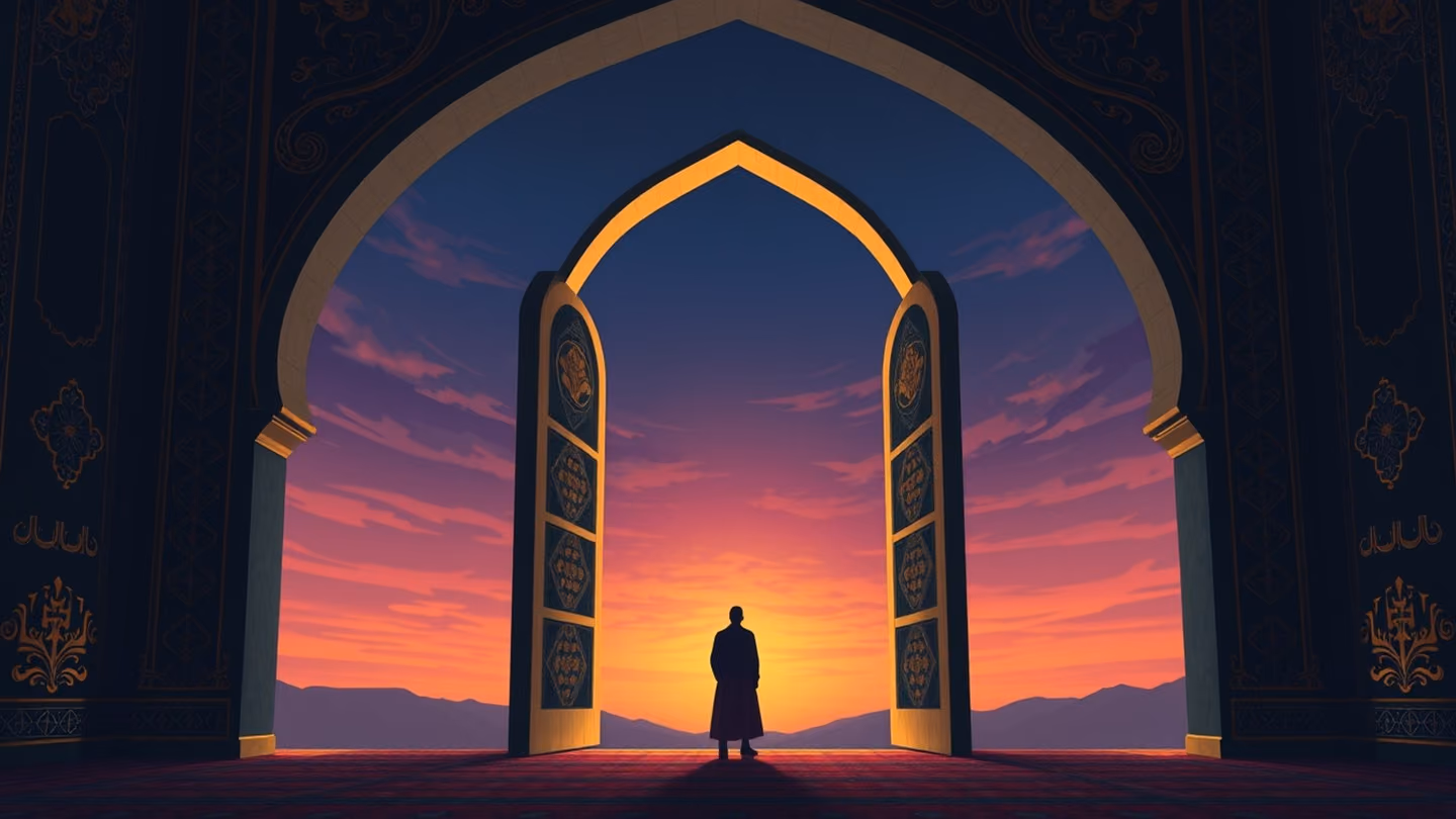 Vast wide shot of the arched doorway framing a glimpse of a mystical dawn sky transitioning into deep indigo, with a silhouette standing at the threshold.