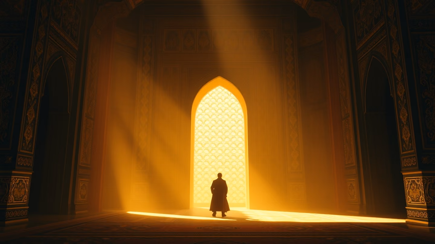 Wide shot of the silhouette of a figure standing at the threshold as sunlight floods the ancient hall, dissolving into a golden mystical glow.