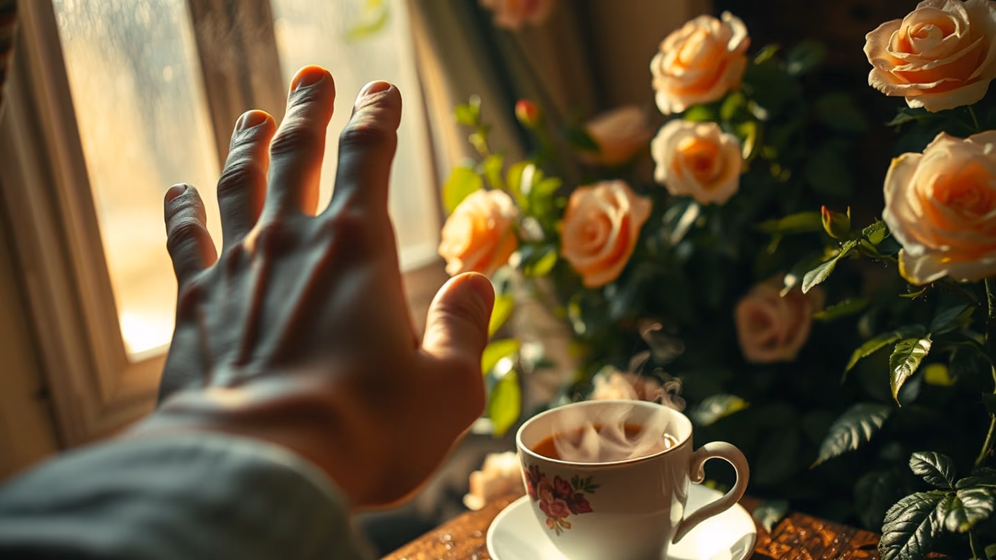 Extreme close-up of a hand reaching through a dusty shaft of light near a steaming cup of tea in a rainy room.