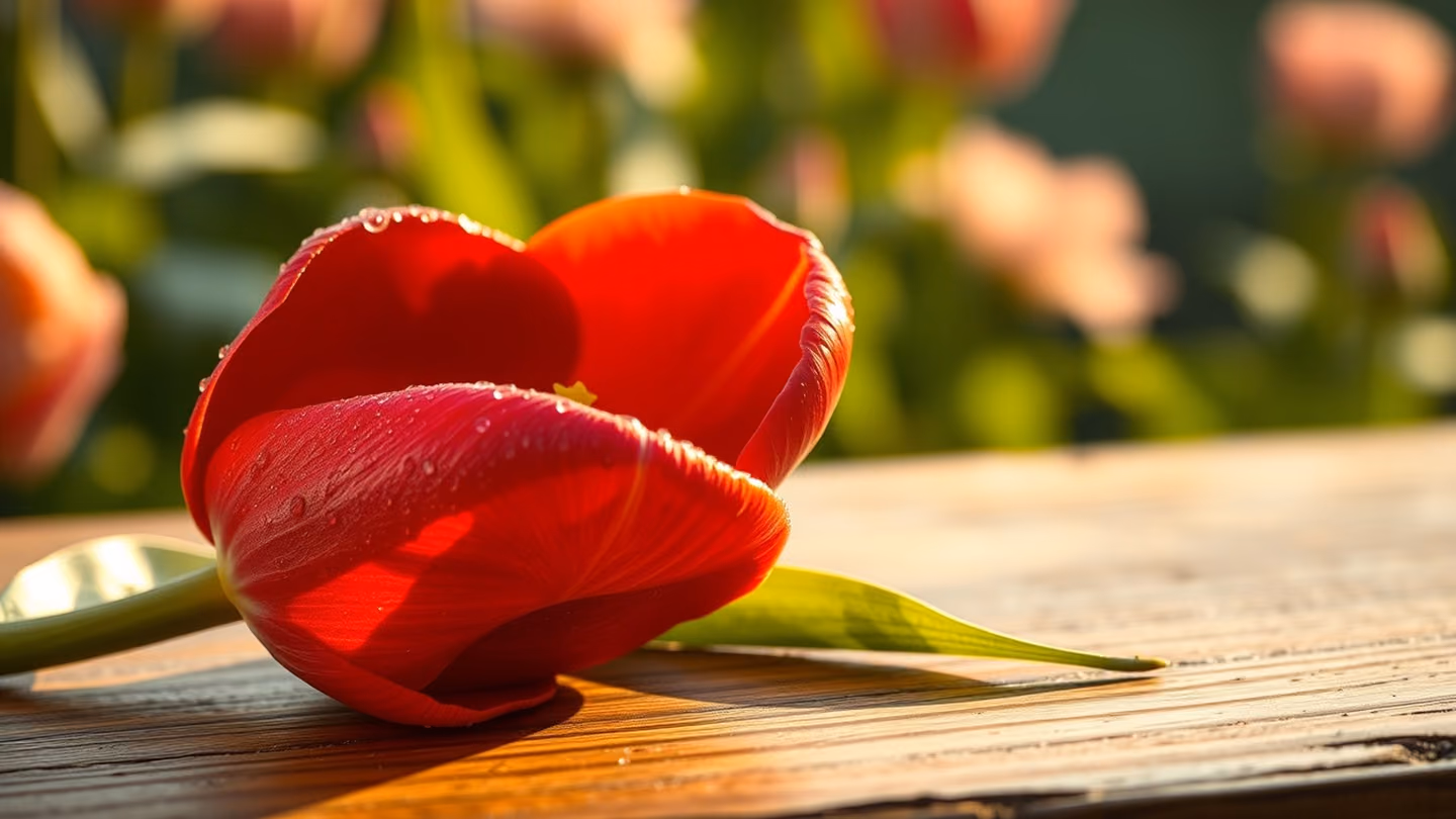 Macro shot of a vibrant red tulip petal shaped like a small wine cup, wet with dew, resting on a wooden table.