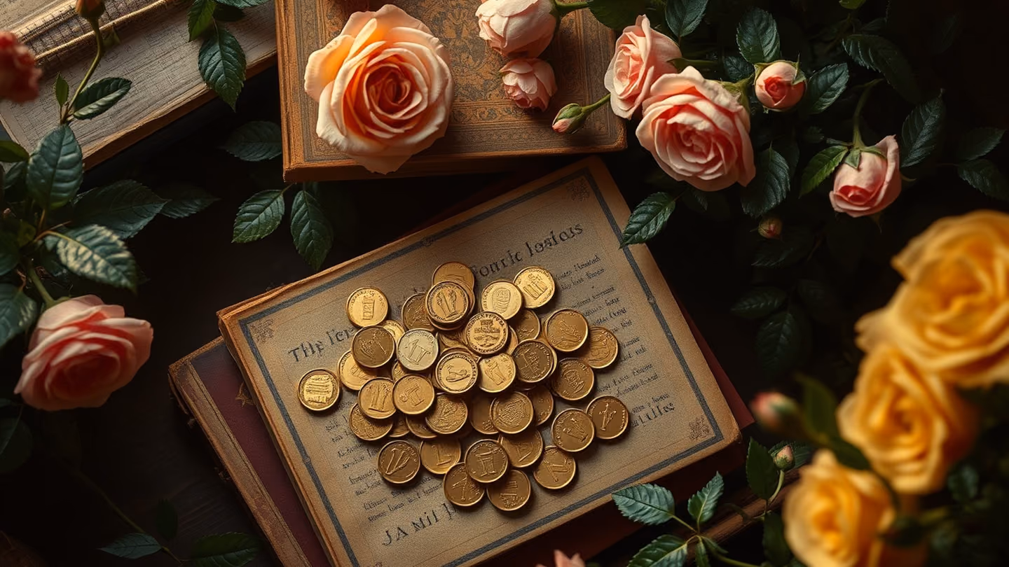 Overhead shot of a pile of antique gold coins scattered across a stack of old, worn books in a warm, dimly lit corner.