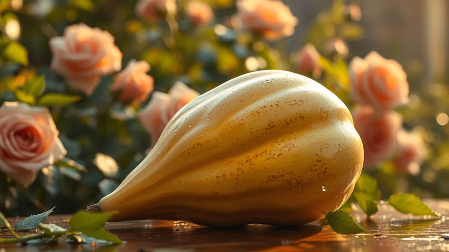 Extreme close-up of an overturned hollow gourd resting on a table, with a single drop of water hanging from its rim.