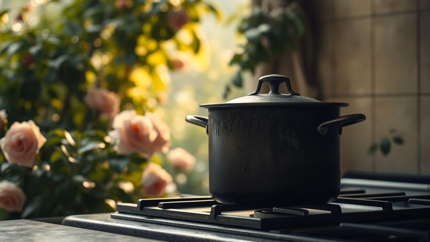 Wide shot of a heavy, soot-stained metal cooking pot sitting alone on a vintage stovetop in a quiet, shadowy kitchen.