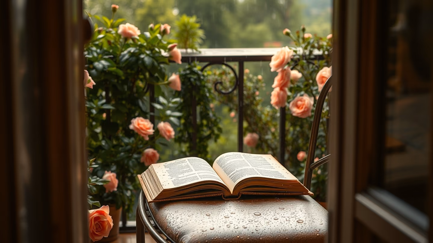 Scene framed through a doorway showing a rain-drenched, open leather-bound book lying on an outdoor balcony chair.