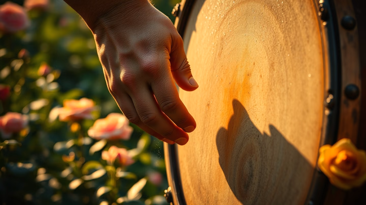Extreme close-up of a hand striking the skin of an old wooden frame drum, with dust motes dancing in the warm, low light.