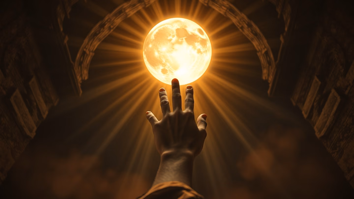 Wide shot of a hand reaching upward into a dark void to touch a radiant celestial moon that pulses with intense light, framed by ancient stone arches.